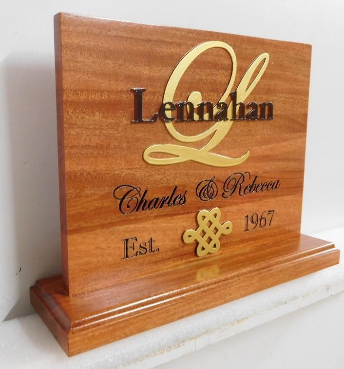 N23053 - Elegant Carved Mahogany  Plaque for a Married Couple with Gold  Monogram 