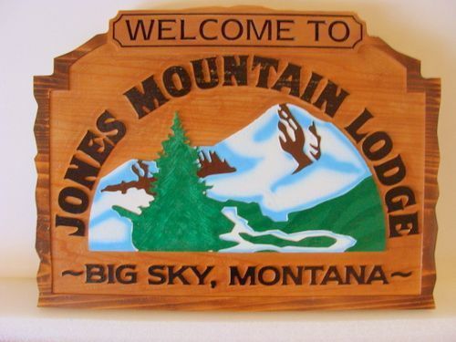M1882 -  Faux Wood Sign for the Jones Mountain Lodge , with a Mountain as Artwork