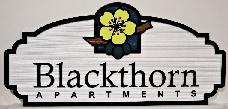 K20303 - Carved HDU Entrance Sign for "Blackthorn Apartments" with Floral Artwork