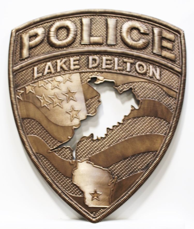 PP-2030 -  Carved 3-D Bronze-Plated HDU Plaque of the Shoulder Patch  of the Police of Lake Delton, Wisconsin