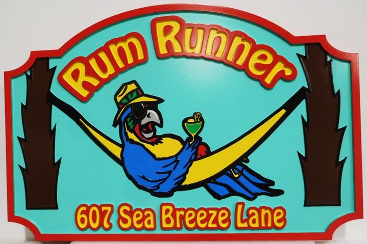 L21077 - Carved HDU Beach House Name and Address Sign "Rum Runner", 2.5-D Artist-Painted, with a Parrot Lying in a Hammock with a Drink  as Artwork
