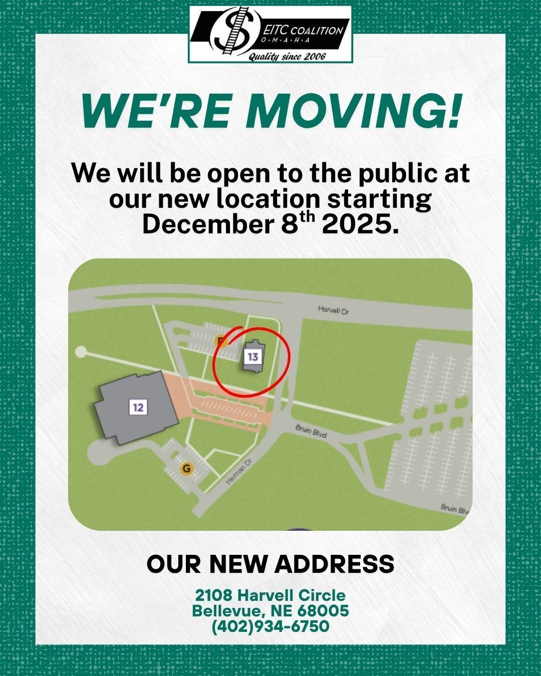Notice of moving to a new location, 2108 Harvell Circle, starting Dec 8th