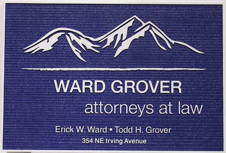 A10519 - Carved and Sandblasted Wood Grain HDU sign for the Ward Grover Attorneys at Law Office, with Mountains as Artwork