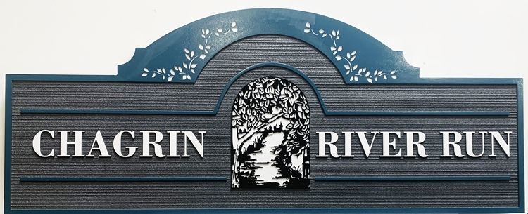 M22420A - Carved  2.5-D Multi-level Raised and Engraved HDU Riverfront Residence Name  Sign "Chagrin River Run"