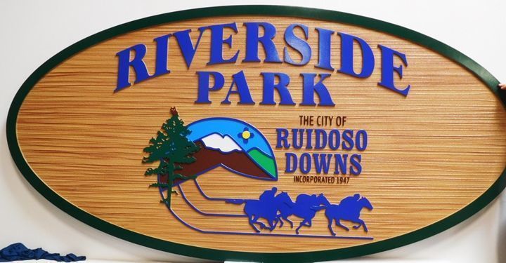 M1934 - Sandblasted  Faux Wood Sign for the Riverside Park , The City of Ruidosa Downs