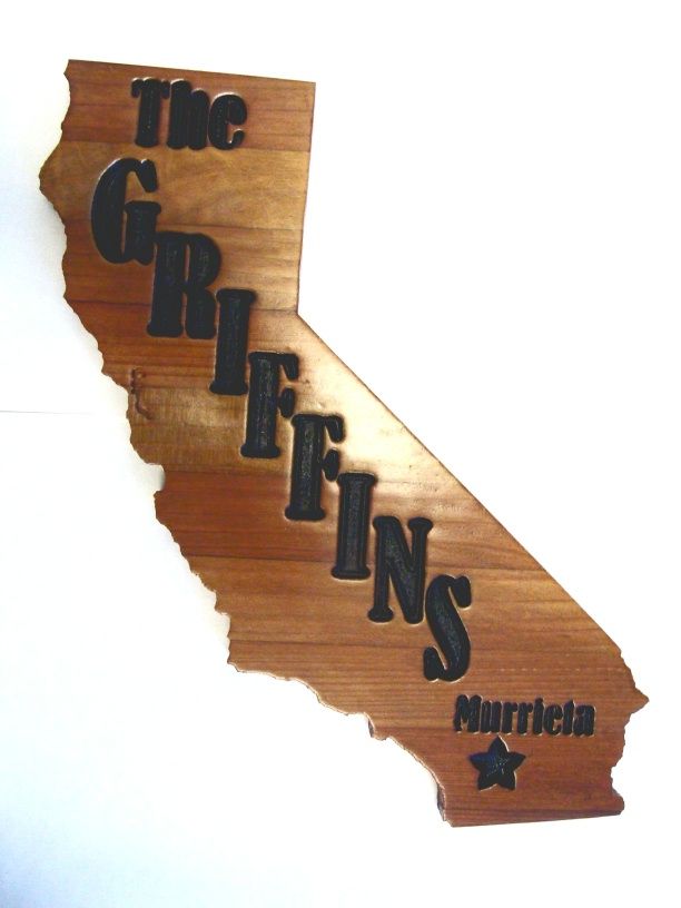 I18947 - CNC Routed Redwood Sign , with Owner's Name Engraved, Made in the Shape of California