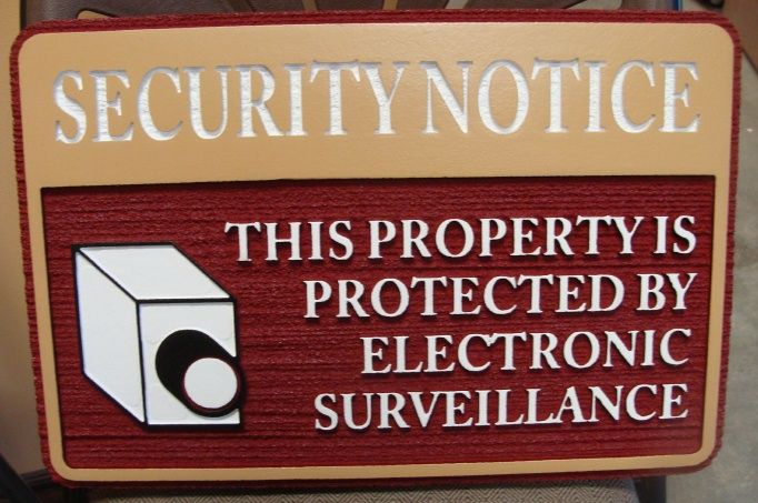 KA20775 - Carved Wood Look HDU Sign "Security Notice" "This Property is Protected by Electronic Surveillance" with Camera 