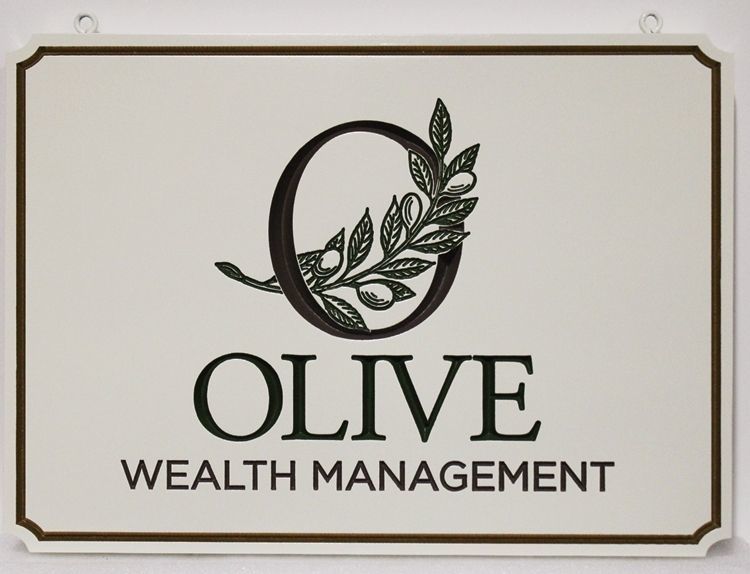 C12075 - Engraved  High-Density-Urethane (HDU) Sign  for the Olive Wealth Management Firm.