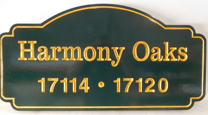 I18834 - Engraved High-Density-Urethane Property Name Sign "Harmony Oaks" with Gold-Leaf Gilded Letters