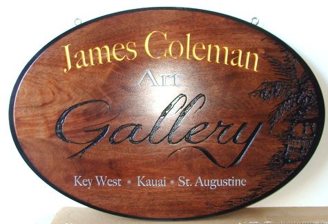 SA28008 - Carved Mahogany Wood Sign with Palm Tree for Art Gallery 
