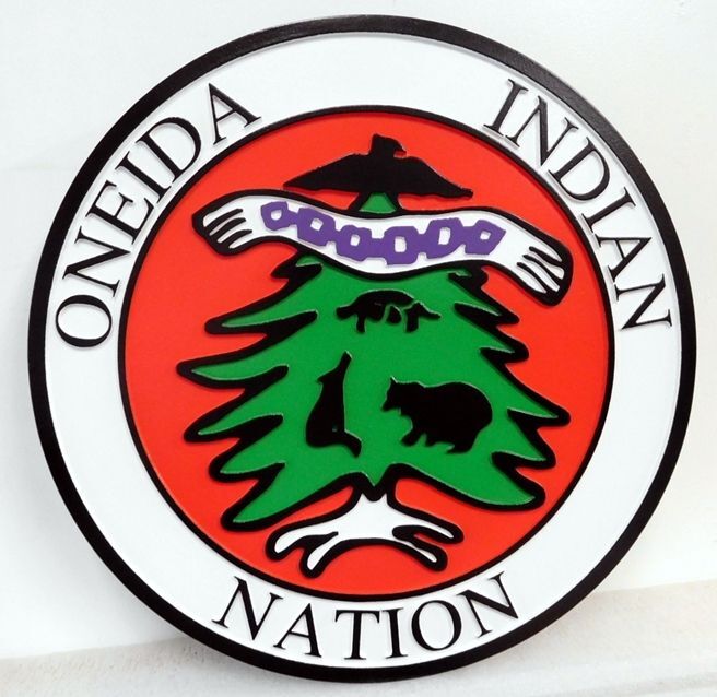 ZP-1132 - Carved 2.5-D Multi-Level HDU Plaque of the Seal of the Oneida Indian Nation, Artist-Painted 