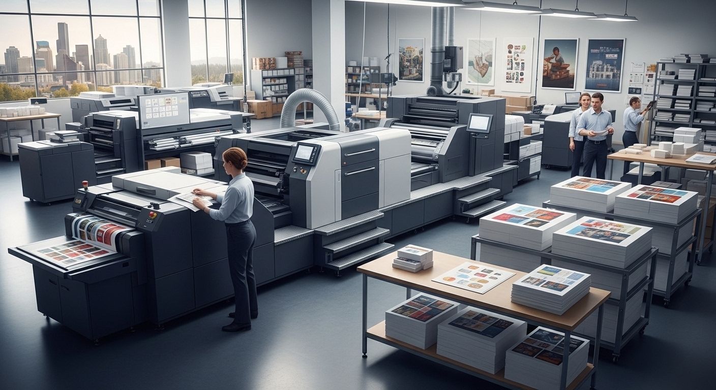 Commercial printing services in Seattle and Bellevue WA with digital and offset printing machines producing business cards, brochures, and large format banners in a modern print facility