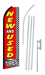 New & Used Tires Checkered Swooper/Feather Flag + Pole + Ground Spike