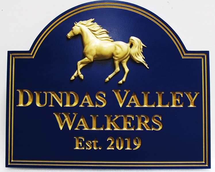 P25320 - Carved Entrance Sign for the Dundas Valley Walkers, with  Engraved V-carved Text and a 3-D Sculpted Bas-relief carving of an Arabian Stallion, Gilded with 24K Gold-leaf.
