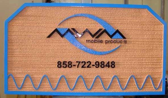 SA28586 - Carved Wood-Grain Sign for " MWM Mobile Phone Products",  with Radio Wave Logo as Artwork