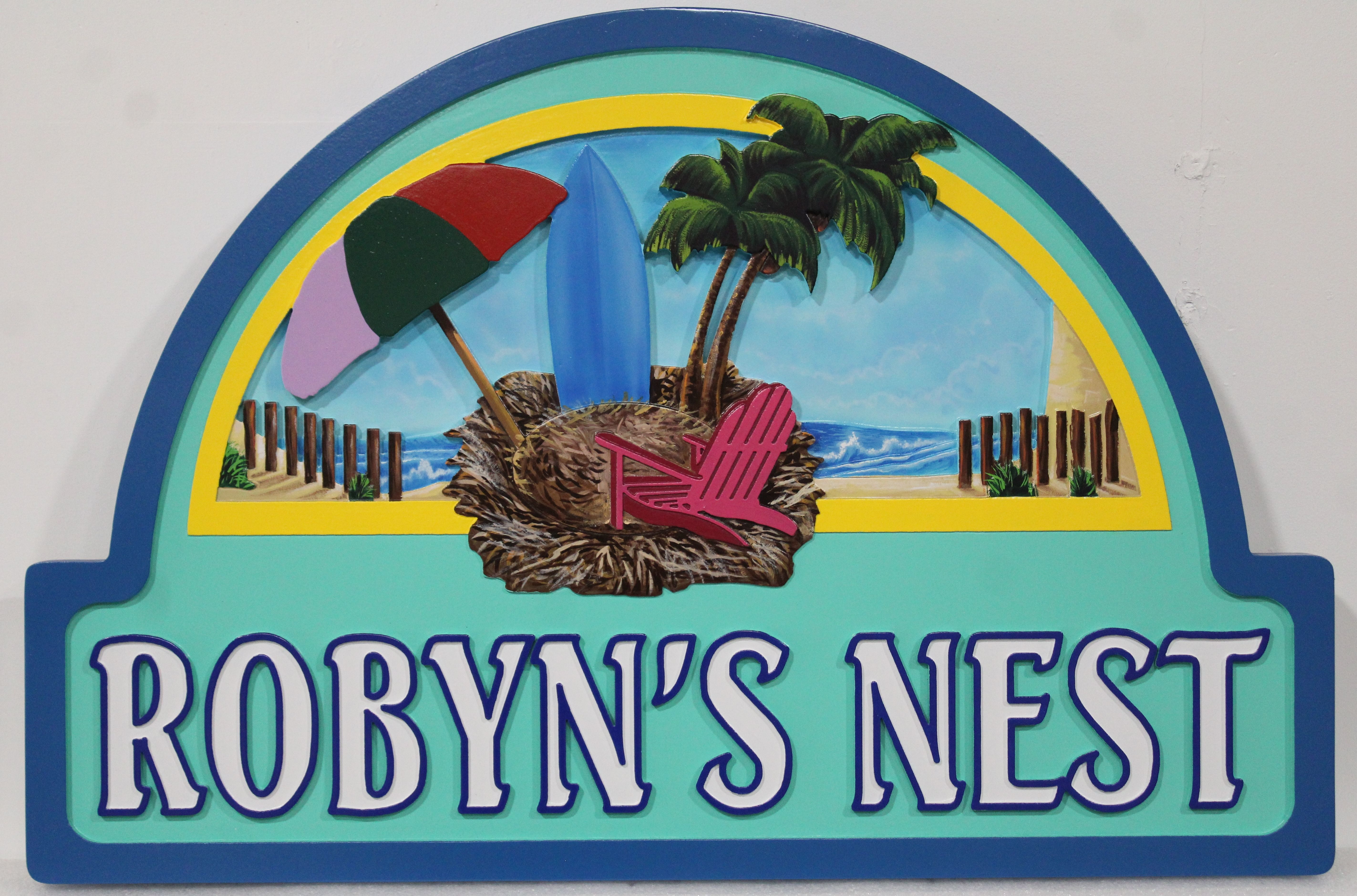 L21716 - Carved 2.5-D Multi-level Raised Relief HDU  Sign "Robyn's Nest", with a Surfboard, Umbrella, Palm Trees and a Chair in a Nest on a Beach as Artwork