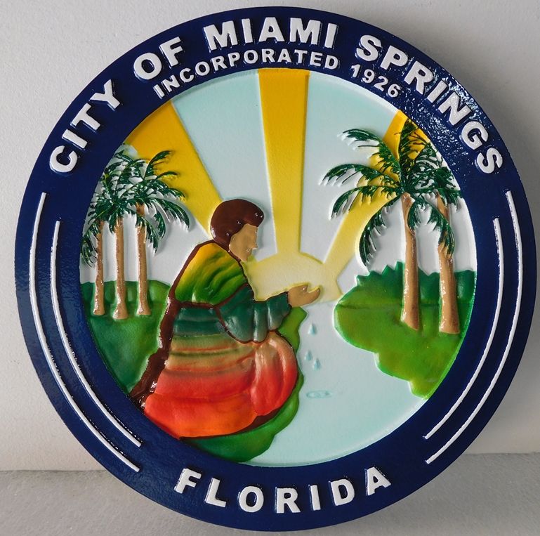X33095 -  3-D Carved  HDU  Wall  Plaque featuring the Seal of the City of Miami Springs, Florida