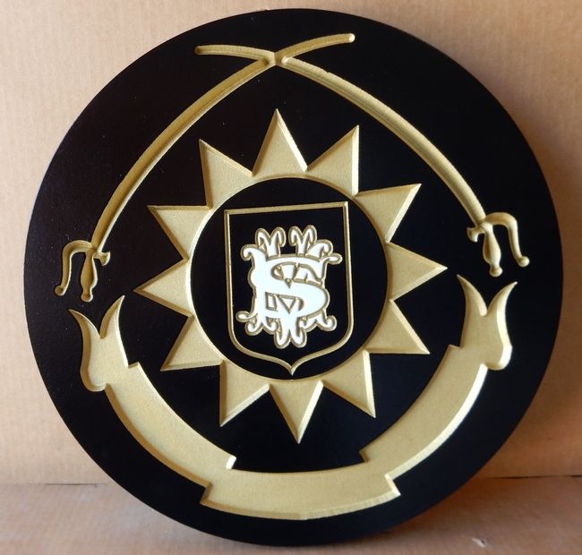 N23362- Carved and Engraved High-Density-Urethane  Wall Plaque featuring a Coat-of-Arms with Two Curved Swords