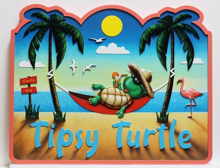 L21073 - Carved 2.5-D Multi-level Relief High-Density-Urethane (HDU) HDU  Beach House Name Sign "The Tipsy Turtle", with a Turtle in a Hammock as Artwork 