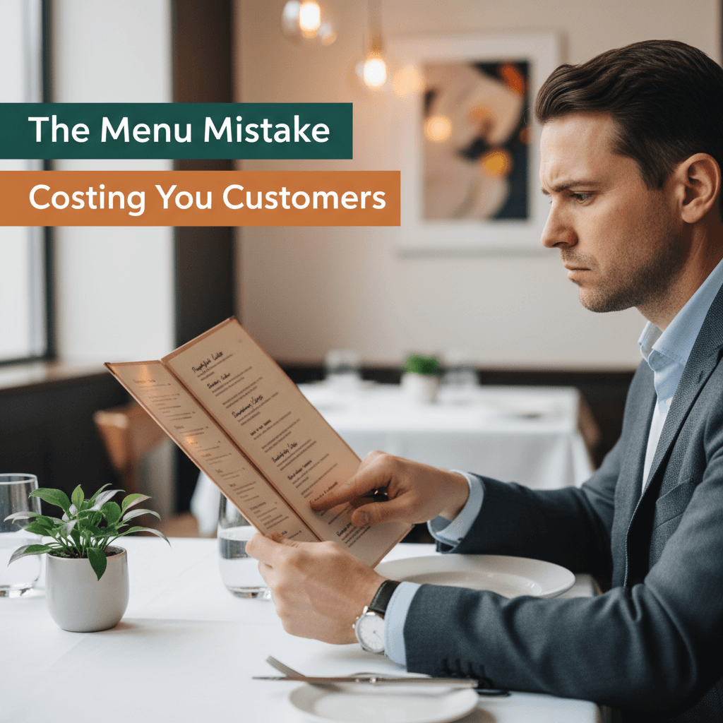 Man sitting in a restaurant reviewing a printed menu, looking concerned as he notices outdated items. Text overlay reads “The Menu Mistake Costing You Customers.”