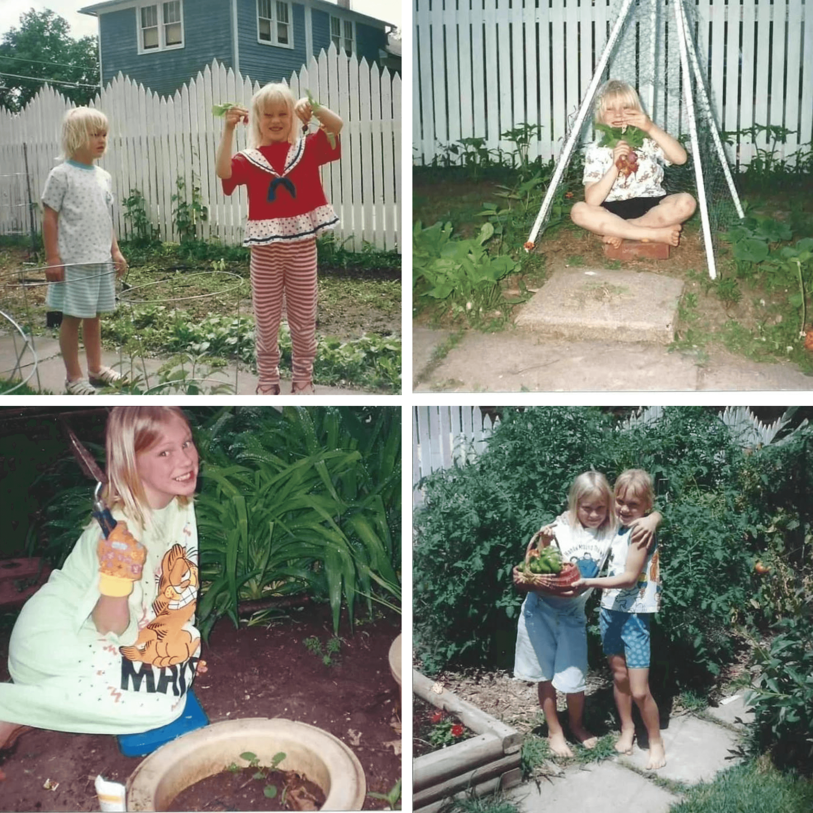 A young Hanna and her sister helping out in the garden.