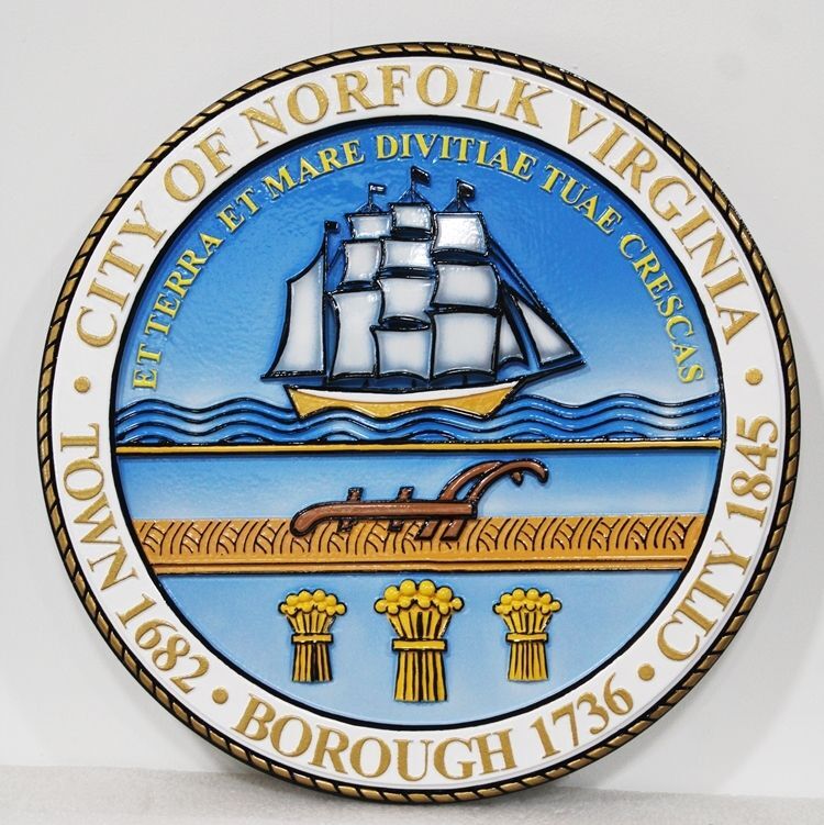 DP-1775 - Carved 2.35-D multi-Level Relief Plaque of the Seal of the City of Norfolk, Virginia, with Squar-Rigged Sailing Ship as Artwork