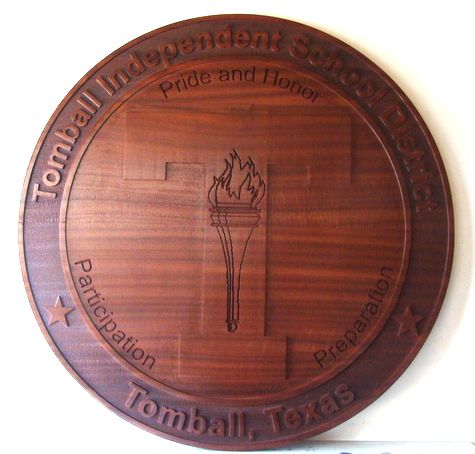 Y34770 - Carved 2.5-D  Redwood (Flat Relief)  Wall Plaque of the Seal of the Tomball School District, Texas