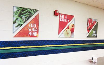 Food murals in triangle shape, 6 signs with healthy images and messages, custom signs