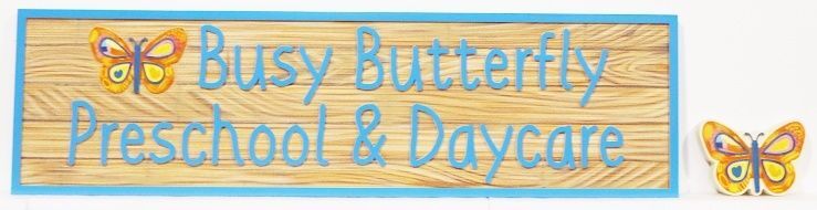 M1969 - Sandblasted and Carved Faux Wood HDU Sign for "Busy Butterfly Preschool & Daycare" with Butterfly Artwork