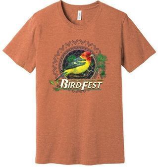 An orange t-shirt with a western tanager bird that says Bird Fest Leavenworth