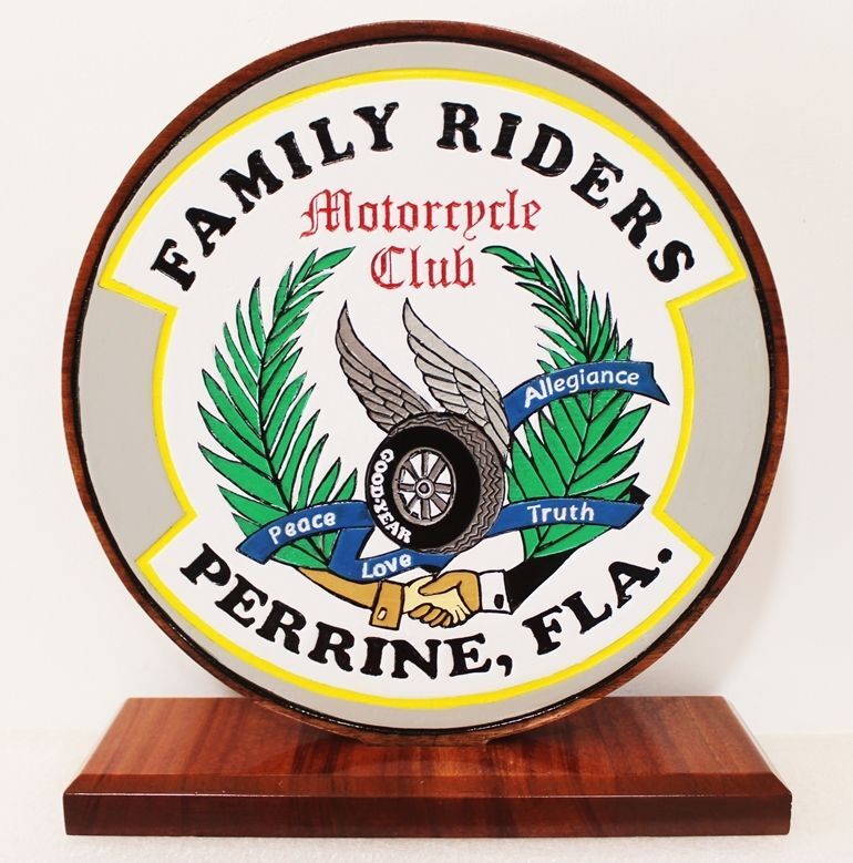 UP-3232 - Carved Mahogany Shelf or Desk Plaque, featuring the Logo of the Family Riders Motorcycle Club