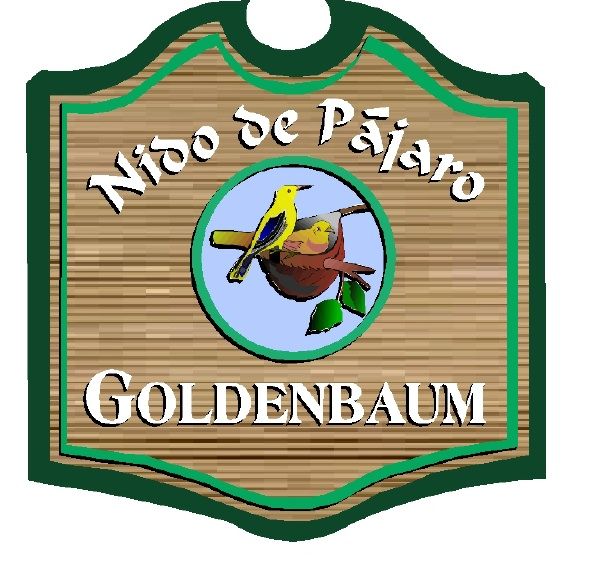O24630 - Sandblasted, Wood Grain HDU Sign for "Nido de Pajaro" with Two Birds in Nest 