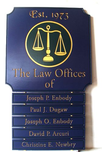 A10617 - Dark Blue & Gold Law Office Wall Directory Sign with Attorney Names
