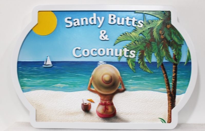 L21042A - Carved Beach House Sign, "Sandy Butts” , features a Young Lady with a Large Hat Sitting on a Beach  with a Drink,  Viewing the Ocean and a Sailboat