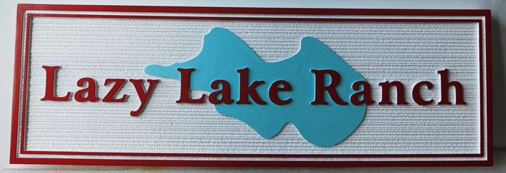 Q24897 - Carved Address Sign for the "Lazy Lake Ranch"  with  the Shape of a Lake as Artwork