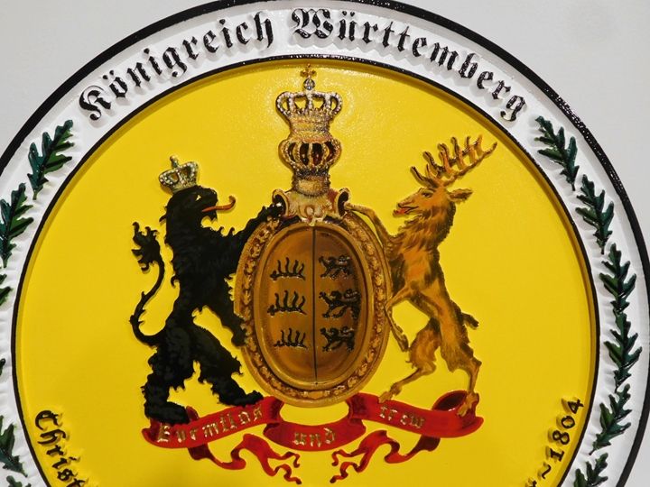 XP-3052 -  - Carved Wall Plaque of German WappenWappen Coat-of-Arms with Two Rampant Lions and a Shield (Close-Up Photo)
