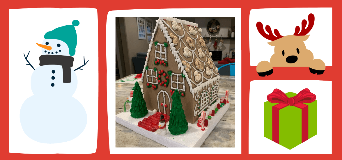 Collage of candy house image and holiday elements