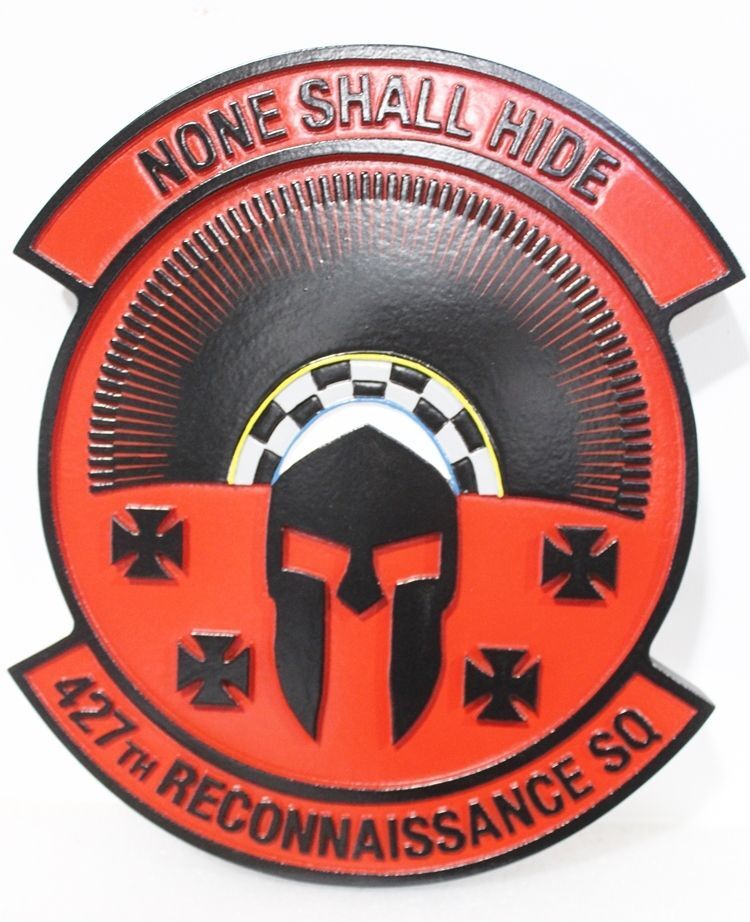 LP-4705 - Carved 2.5-D Raised Relief HDU Plaque of the Crest of the 427th Reconnaissance Squadron with Motto "None Shall Hide"