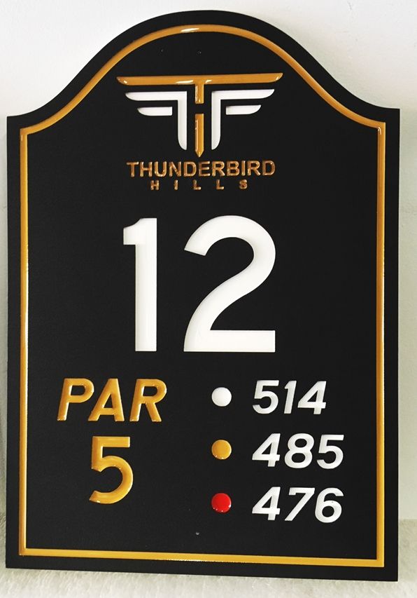 E14372 - Carved Tee Sign for Hole 12 of the Thunderbird Hills Country Club, Engraved HDU