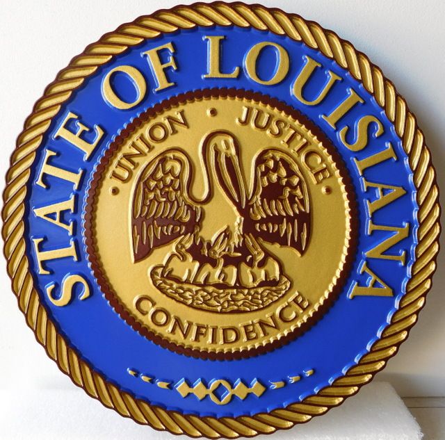 W32237 - Wall Plaque With Seal of Louisiana, Carved in 2.5-D Outline Relief and Painted in Blue, Brown and Metallic Gold