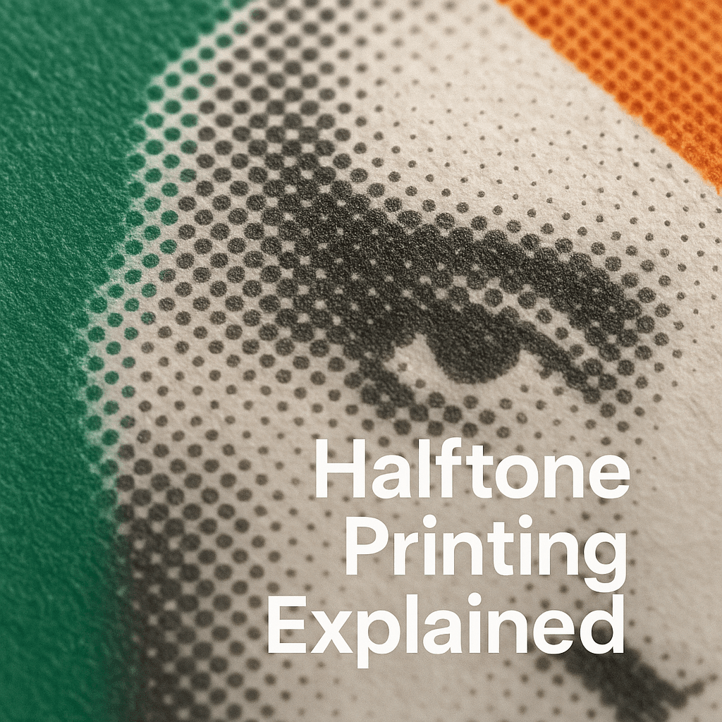 lose-up macro shot of a halftone pattern on printed paper, showing crisp black dots forming a grayscale image, under soft daylight. Include Minuteman green #006B5C and orange #F15A22 accents. Text overlay: “Halftone Printing Explained.”
