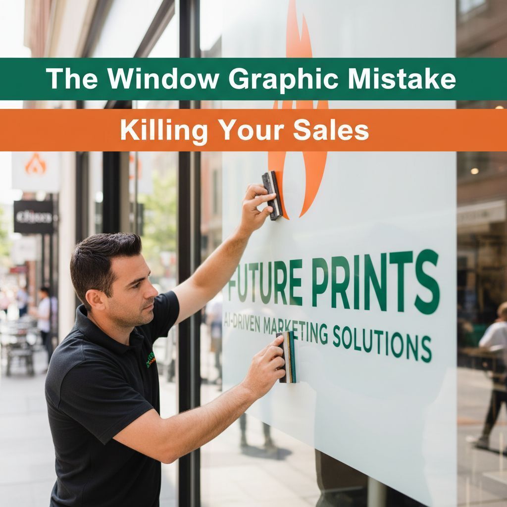 Professional installer applying custom storefront window graphics for a local business in Boca Raton, Florida.