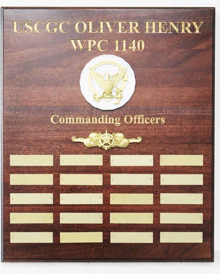 NP-2681- Carved Mahogany Plaque  Listing Previous  Commanders of the US Coast Guard Cutter Oliver Henry.  WPC 1140