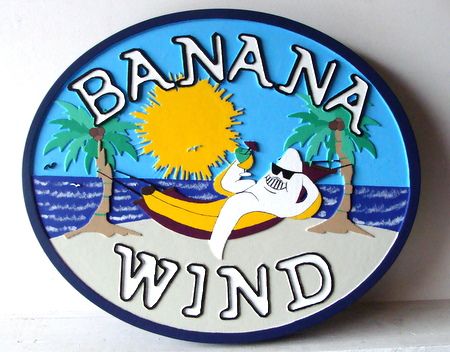 L21074 - Carved HDU Sign with Banana Hammock and Palm Trees 