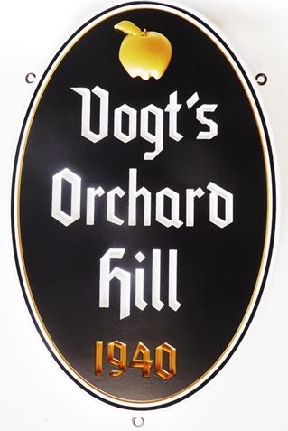 I18219 - Carved High-Density-Urethane (HDU)  Property Name  Sign "Vogt's Orchard Hill", 2.5D with an Artist-Painted Apple and Text 