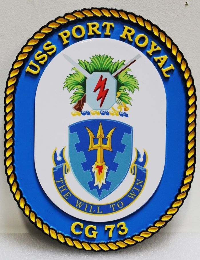 JP-1300 - Carved 2.5-D HDU Plaque of the Crest of the USS Port Royal, CG 73, a US Navy Guided-Missile Frigate