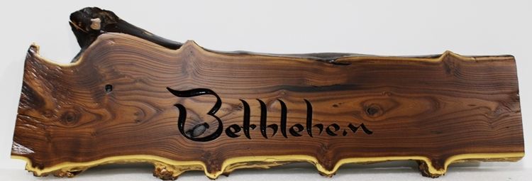 I1829A - Carved  and Engraved Wood  Sign "Bethlehem ", Made from the Split Trunk of a Tree.