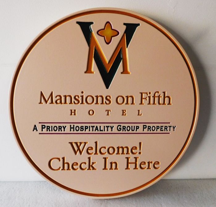 T29154 - Carved Sign for the "Mansions on 5th Hotel'., 2.5D Engraved, Artist-Painted 