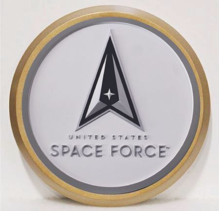 United States Space Force Plaque – A carved circular emblem featuring a delta symbol over a globe and starfield, representing the newest branch under the Department of the Air Force.