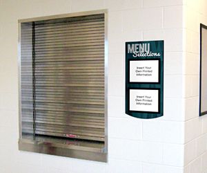 School cafeteria menu board for older students in red with 2 paper holders, custom signs